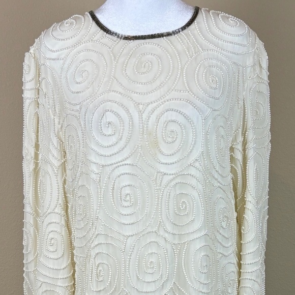 Laurence Kazar New York 100% Silk Vintage Angled Ivory Formal Beaded Midi Dress - Picture 2 of 16